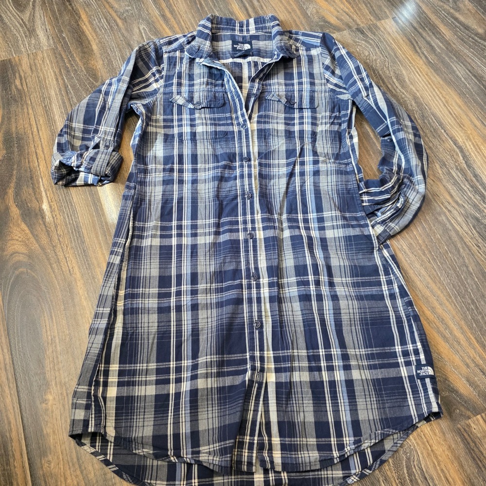 The North Face Womens Blue Plaid Long Sleeve Button Down Shirt Dress Size M